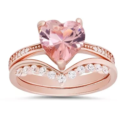 Sterling Silver Heart-cut Morganite CZ 2pc Stackable Ring Set