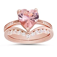 Sterling Silver Heart-cut Morganite CZ 2pc Stackable Ring Set