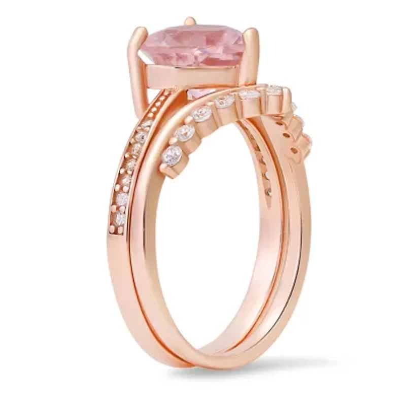 Sterling Silver Heart-cut Morganite CZ 2pc Stackable Ring Set