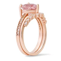 Sterling Silver Heart-cut Morganite CZ 2pc Stackable Ring Set