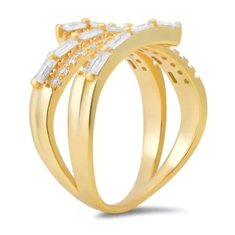 Sterling Silver CZ Baguette-cut Sprial Crossover Ring