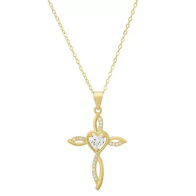 Sterling Silver Heart-cut Swirling Cross CZ Pendant