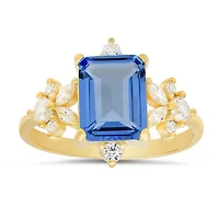 Sterling Silver Emerald-cut Deep Aqua CZ Ring
