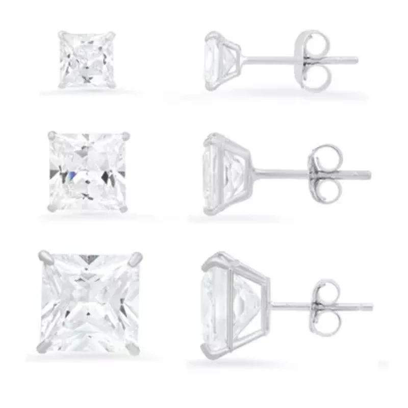 Lab Created Sterling Silver Set of 3 Princess-cut CZ Earring Set