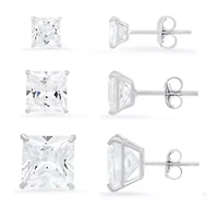 Lab Created Sterling Silver Set of 3 Princess-cut CZ Earring Set