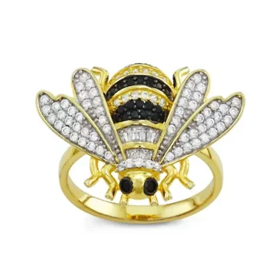 Lab Created Sterling Silver Yellow/Black/White Cz Bee Ring