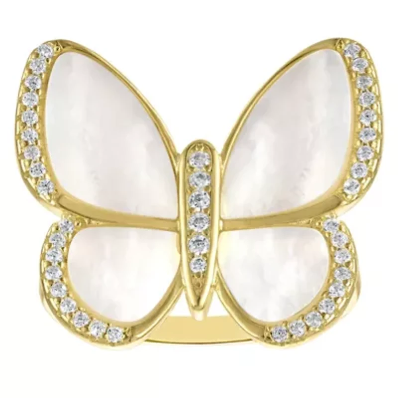 Gold Plated Sterling Silver Mother Of Pearl Butterfly Ring