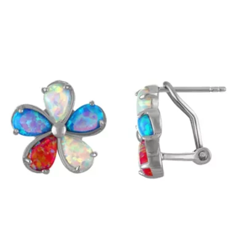 Sterling Silver Multi Colored Cr Opal Omega Hoop Earrings