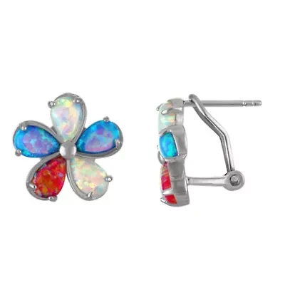 Sterling Silver Multi Colored Cr Opal Omega Hoop Earrings