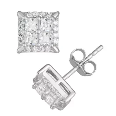 Lab Created Sterling Silver Cz Square Pave Stud Earrings