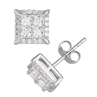 Lab Created Sterling Silver Cz Square Pave Stud Earrings