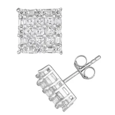 Lab Created Sterling Silver Cz Square Pave Stud Earrings