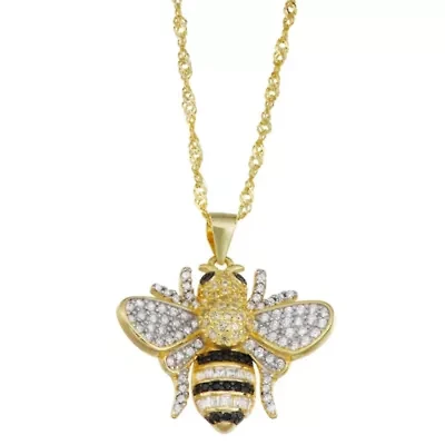 Lab Created Sterling Silver Black And White Cz Bee With Chain