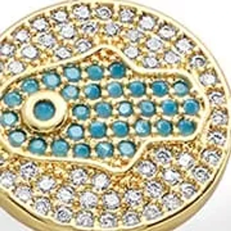 Ladies 18k gold plated brass white and blue simulated diamond hamsa drawstring bracelet