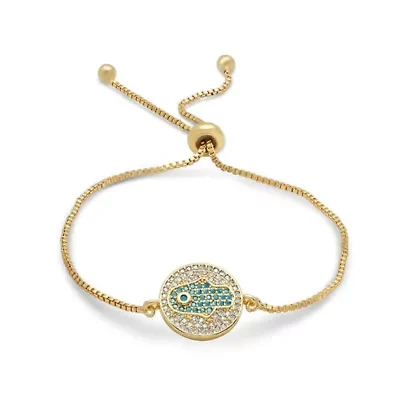 Ladies 18k gold plated brass white and blue simulated diamond hamsa drawstring bracelet