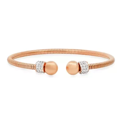 Ladies 18k rose gold plated stainless steel snake cuff bracelet with simulated diamonds beads