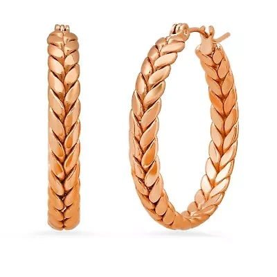 Ladies 18k rose gold plated stainless steel wheat hoop earrings
