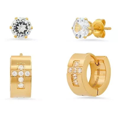 Ladies 2pc set 18k gold plated stainless steel and simulated diamond cross studs/huggie earrings