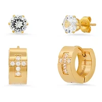 Ladies 2pc set 18k gold plated stainless steel and simulated diamond cross studs/huggie earrings