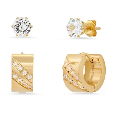 Ladies 2pc set 18k gold plated stainless steel and simulated diamond cross studs/huggie earrings