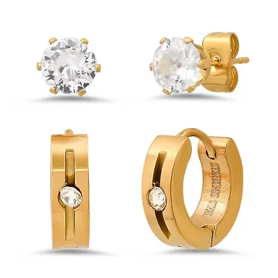 Ladies 18k gold plated stainless steel and simulated diamonds studs/huggies earrings set