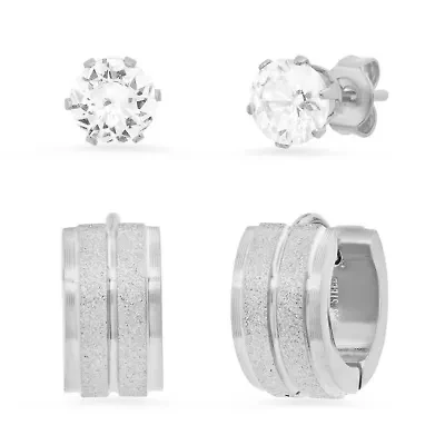 Ladies stainless steel glittery inlay film huggies and stainless steel stud earrings