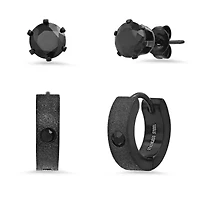 Ladies black ip stainless steel simulated black diamonds studs and sand dusted huggie 2pc earrings set