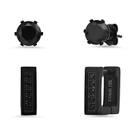 Ladies black ip stainless steel and simulated black diamonds stud/huggie earrings set