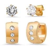 Ladies 18k gold plated stainless steel and simulated diamonds stud/huggie earrings 2pc set