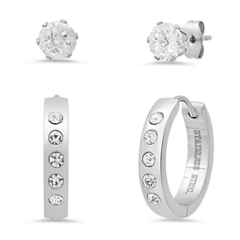 Ladies stainless steel and simulated diamonds studs/huggie earrings set