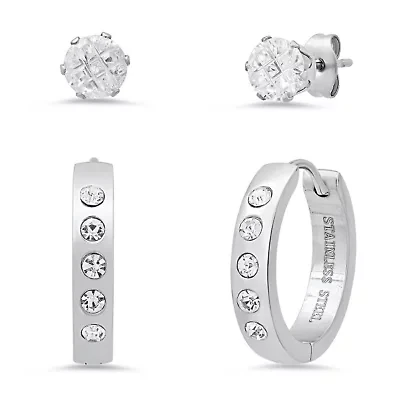 Ladies stainless steel and simulated diamonds studs/huggie earrings set