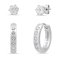 Ladies stainless steel and simulated diamonds studs/huggie earrings set