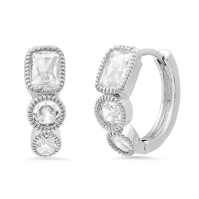 Ladies 18k white gold plated brass simulated diamonds huggie earrings