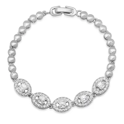 Ladies 18k white gold plated brass oval cut simulated diamonds dotted link tennis bracelet