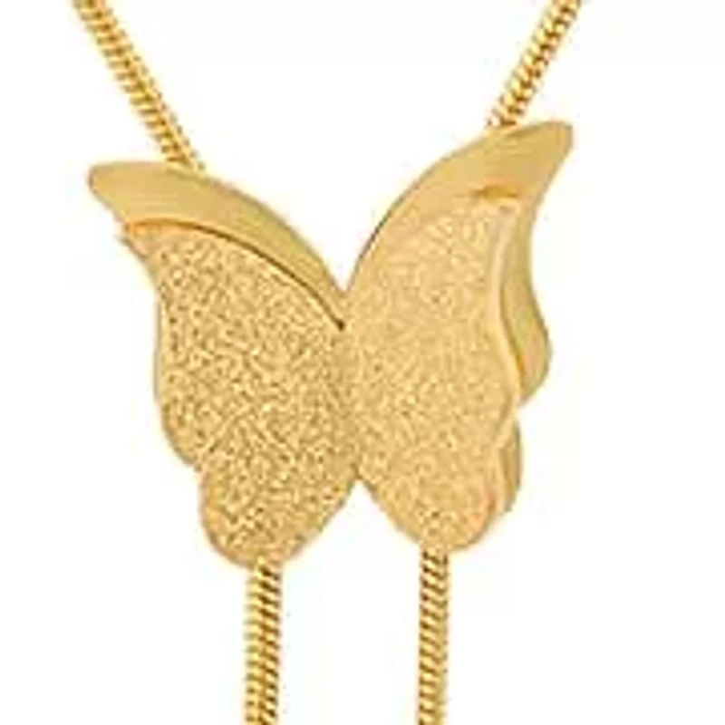 Ladies 18k gold plated stainless steel sandblasted butterfly and simulated diamonds lariat necklace