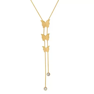 Ladies 18k gold plated stainless steel sandblasted butterfly and simulated diamonds lariat necklace
