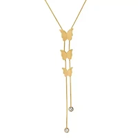 Ladies 18k gold plated stainless steel sandblasted butterfly and simulated diamonds lariat necklace