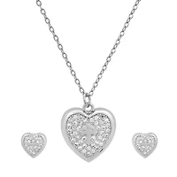 Ladies 18k white gold plated brass simulated diamonds heart shape earrings/pendant set with cross accents