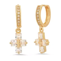 Ladies 18k gold plated brass simulated diamonds dangling charm double cross huggie earrings