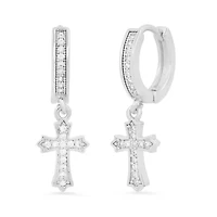 Ladies 18k white gold plated brass simulate diamonds dangling charm cross huggie earrings