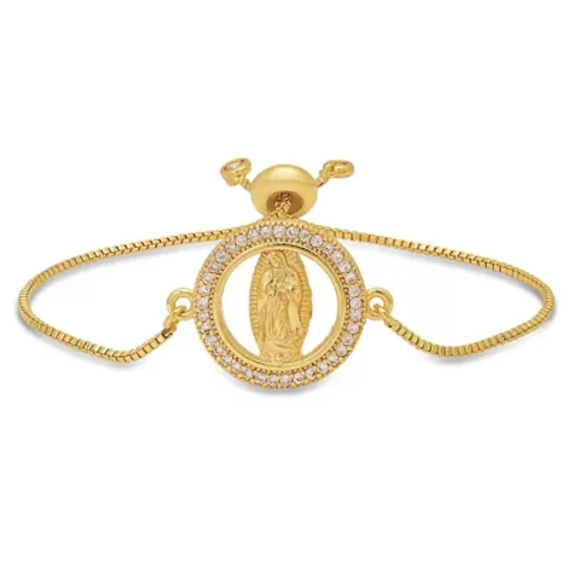 Ladies 18k gold plated brass simulated diamonds Our Lady of Guadalupe drawstring bracelet