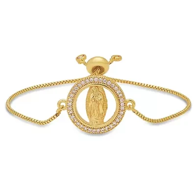 Ladies 18k gold plated brass simulated diamonds Our Lady of Guadalupe drawstring bracelet
