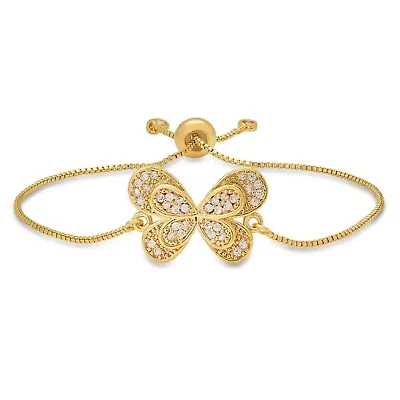 Ladies 18k gold plated brass simulated diamonds butterfly drawstring bracelet