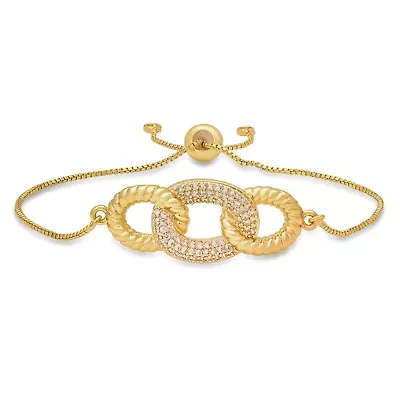 Ladies 18k gold plated brass simulated diamonds round links drawstring bracelet