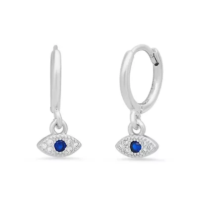 Ladies 18k white gold plated brass and simulated white/blue diamonds evil eye huggie earrings