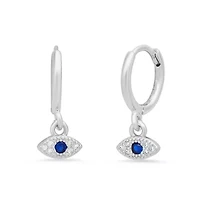 Ladies 18k white gold plated brass and simulated white/blue diamonds evil eye huggie earrings