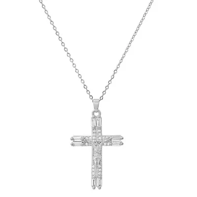Ladies 18k white gold plated brass and simulated diamonds cross pendant