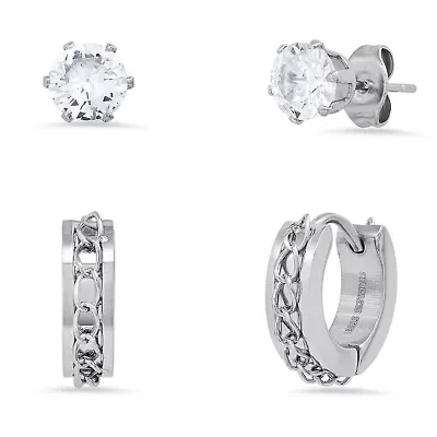 Ladies stainless steel and simulated diamonds studs/huggie earrings set with cuban chain accents