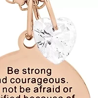 Ladies 18k rose gold plated stainless steel "Be strong and courageous..." round pendant adorned with heart shape swarovski crystal charm