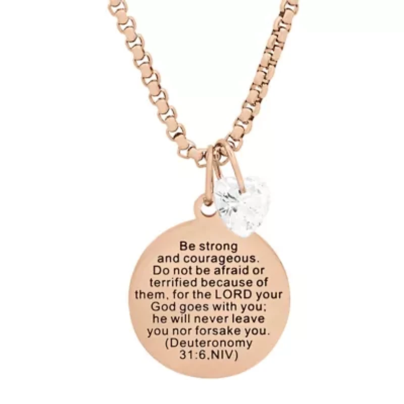 Ladies 18k rose gold plated stainless steel "Be strong and courageous..." round pendant adorned with heart shape swarovski crystal charm